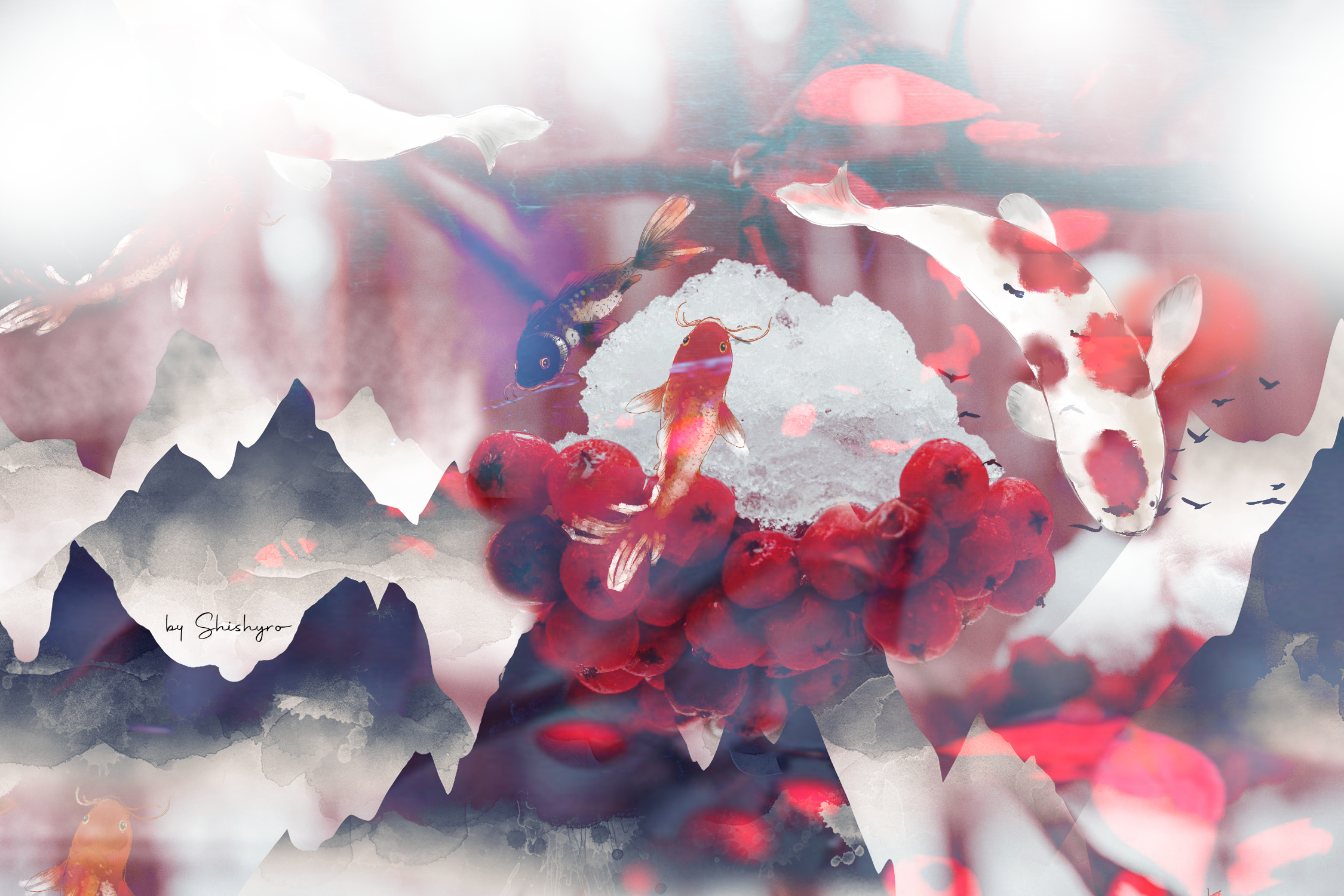 Carpe Koï sur île de groseilles, par Tokyadi