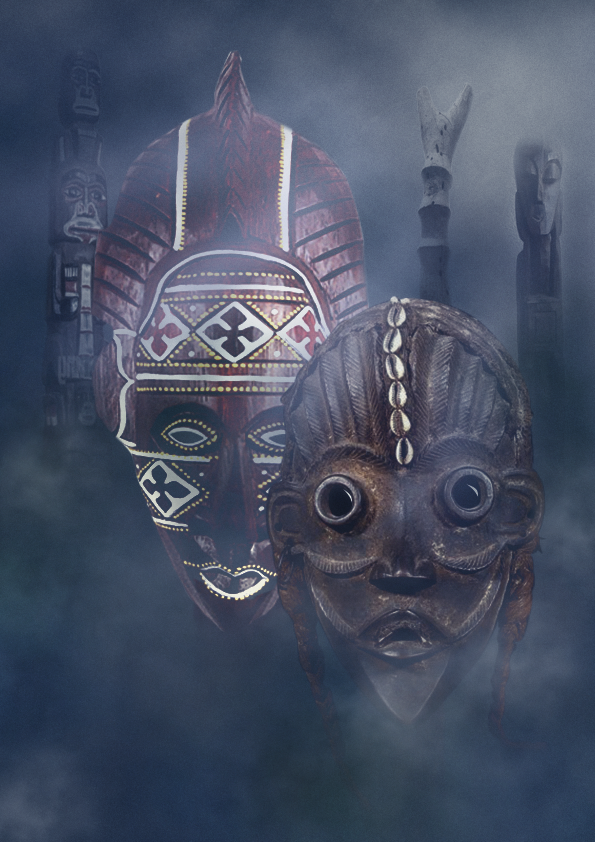 photomontage masques africains, par Tamara