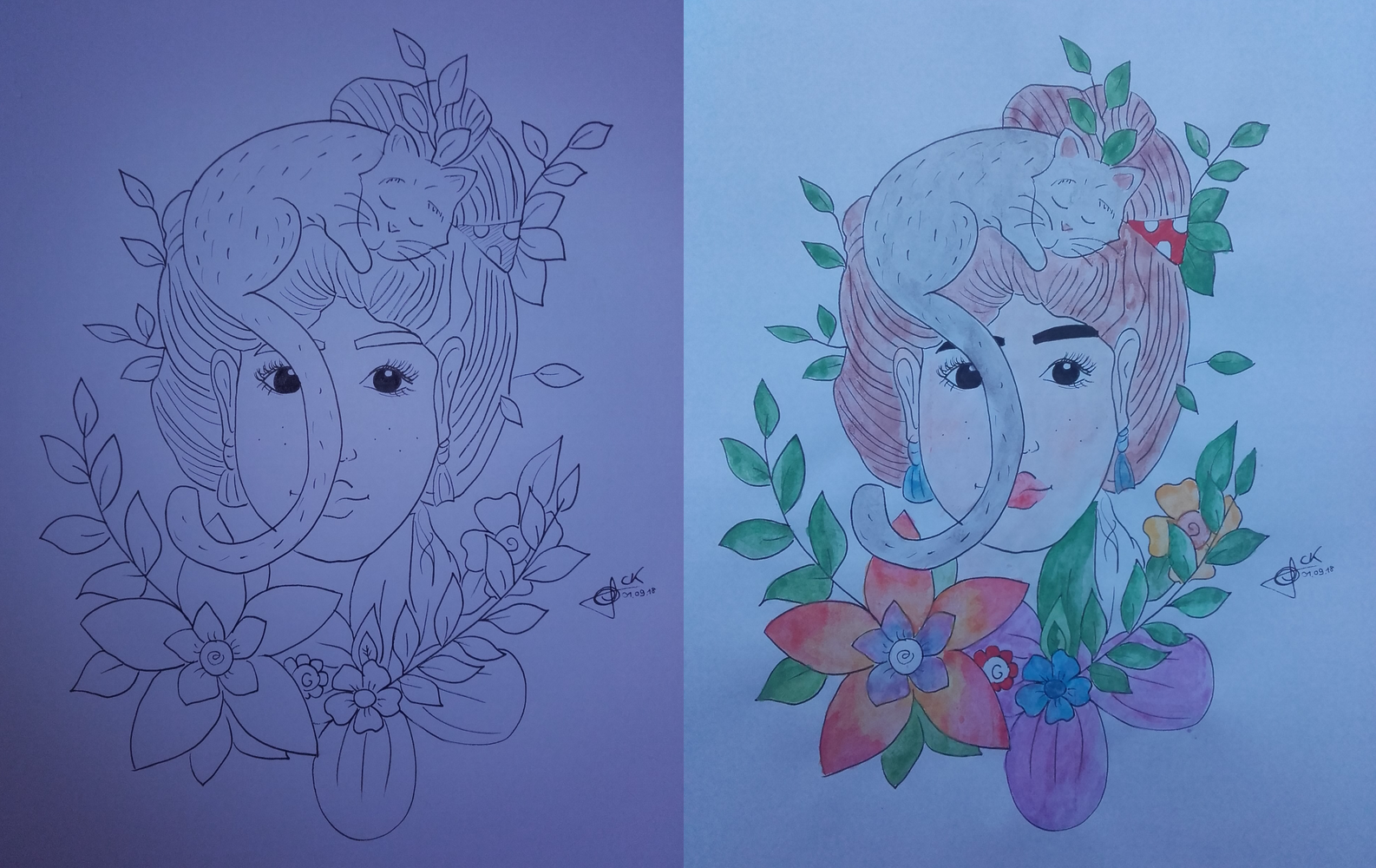 La femme aux fleurs et au Chat - Dessin 2018, par Zukki